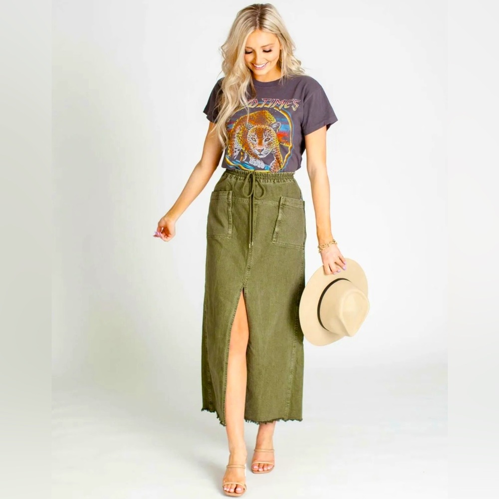 FREE PEOPLE Olive Sparrow WOKE UP LIKE THIS Denim FrayHem Maxi Skirt NWT